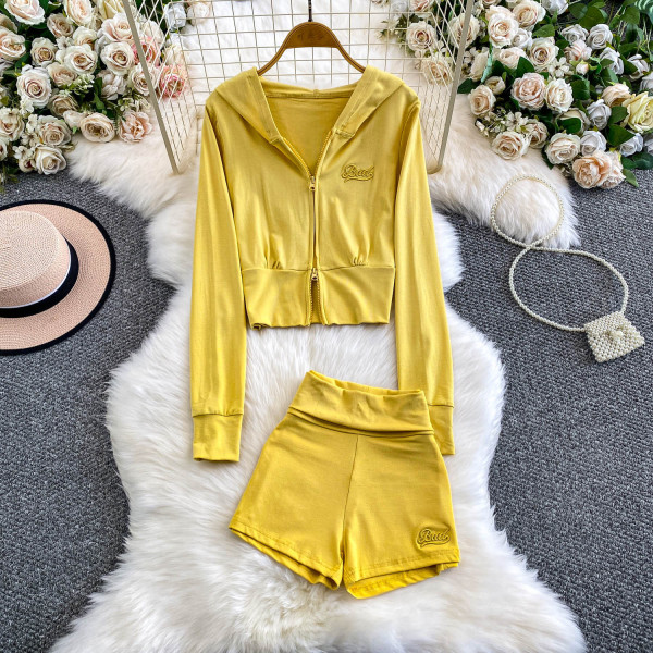 Zipper Embroidered Hoodie Coat Hip Lifting Shorts Two Piece Set