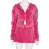 Suede hooded long sleeved zipper cardigan, hip hugging high waisted half skirt set