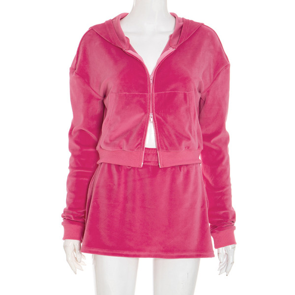 Suede hooded long sleeved zipper cardigan, hip hugging high waisted half skirt set