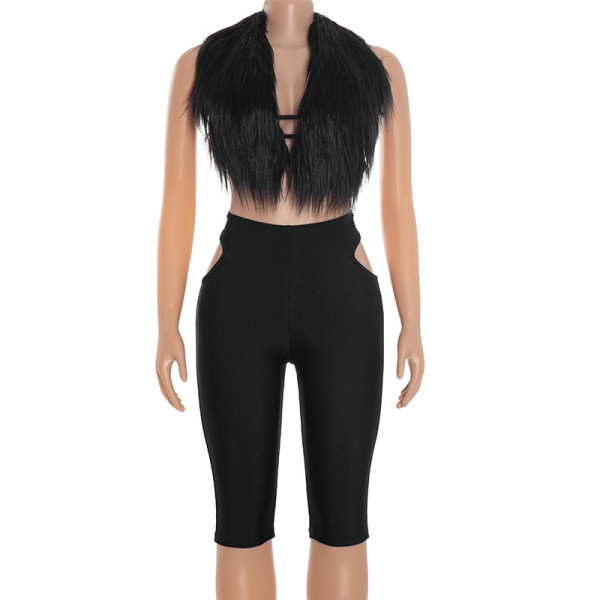 Hanging neck, fur collar, exposed back, lace up, hollowed out waist, cropped pants set