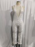 Lace patchwork V-neck hanging neck tie, big backless slit, cropped pants, jumpsuit