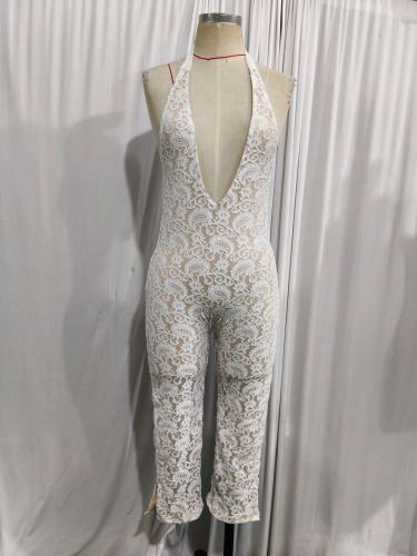 Lace patchwork V-neck hanging neck tie, big backless slit, cropped pants, jumpsuit