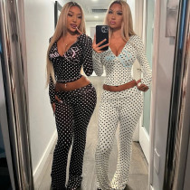 Polka dot letter printed crop top hooded and long pants set