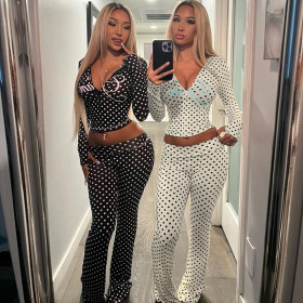 Polka dot letter printed crop top hooded and long pants set