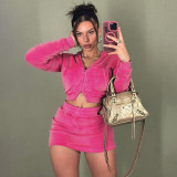 Suede hooded long sleeved zipper cardigan, hip hugging high waisted half skirt set