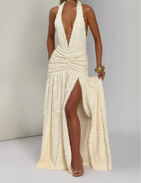 Waist cinched high slit backless adjustable neck hanging dress