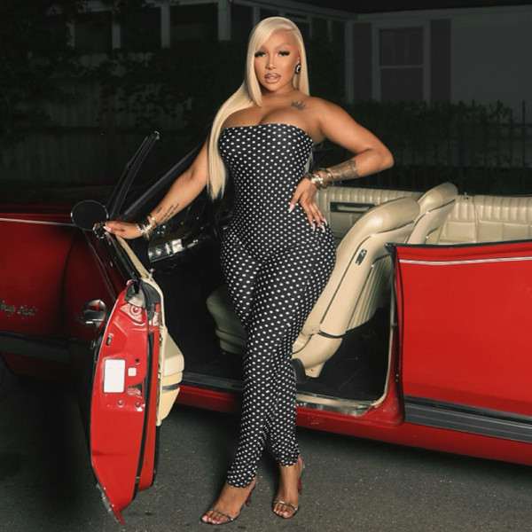 Polka dot strapless printed off shoulder cropped jumpsuit