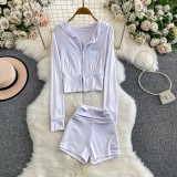 Zipper Embroidered Hoodie Coat Hip Lifting Shorts Two Piece Set