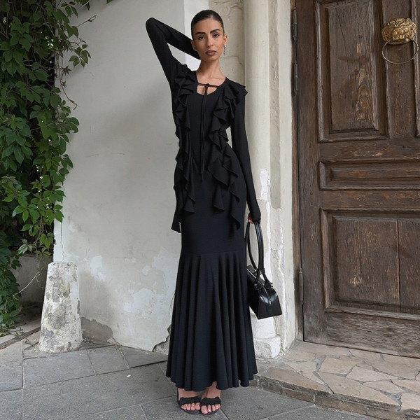 Hip hugging ruffled long sleeved dress