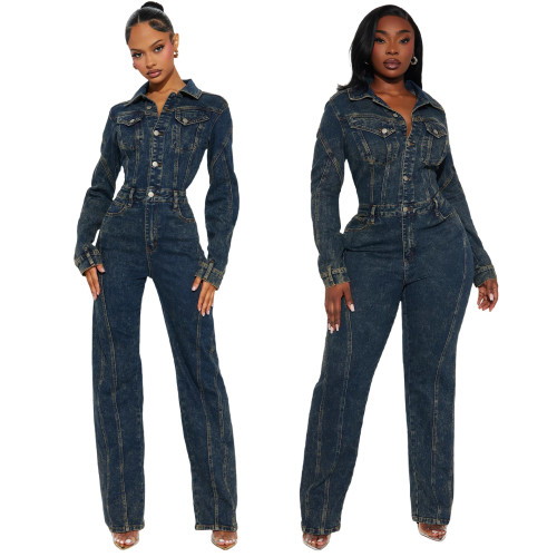Loose elastic stir fried flower washed long sleeved patchwork denim jumpsuit
