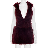 Deep V-neck hooded backless tied top with fur A-line short skirt set
