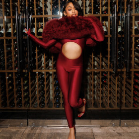One shoulder hairy patchwork exposed navel long sleeved jumpsuit
