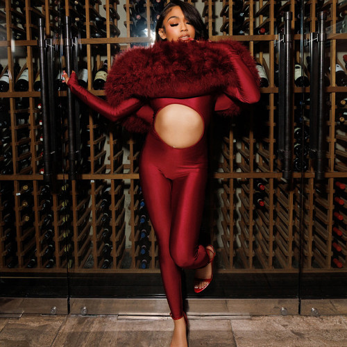 One shoulder hairy patchwork exposed navel long sleeved jumpsuit