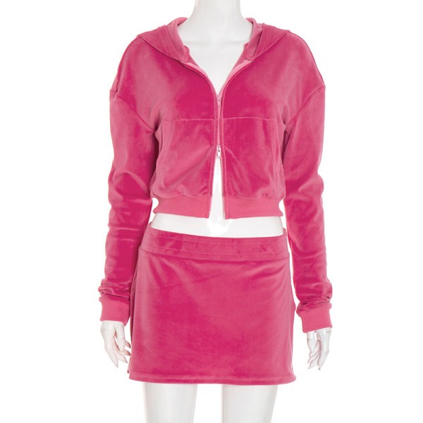 Suede hooded long sleeved zipper cardigan, hip hugging high waisted half skirt set