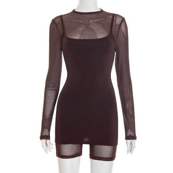 Mesh patchwork camisole long sleeved jumpsuit dress set