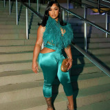 Hanging neck, fur collar, exposed back, lace up, hollowed out waist, cropped pants set