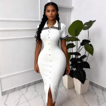 Color blocked single breasted lace lapel knit dress