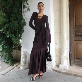 Hip hugging ruffled long sleeved dress