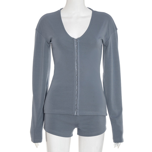 Low round neck cardigan with hidden button, waist cinched, long sleeved top, three part pants set