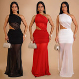 Slanted Shoulder Perspective Mesh backless Dress