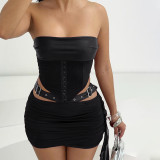 Leather waist strap strapless top with hollowed out hip hugging skirt set