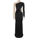 Slanted shoulder single sleeve slim fit solid color dress