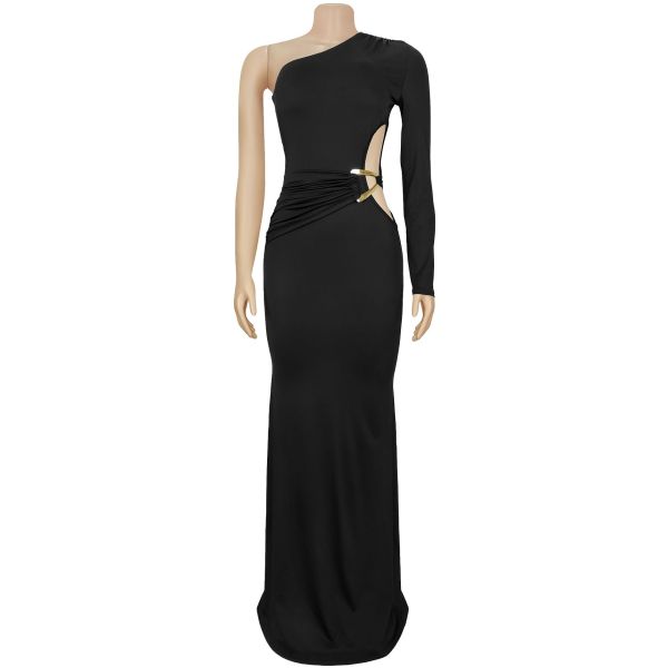 Slanted shoulder single sleeve slim fit solid color dress