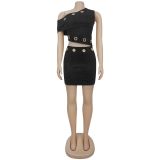 Cockpit button slanted shoulder top and short skirt two-piece set