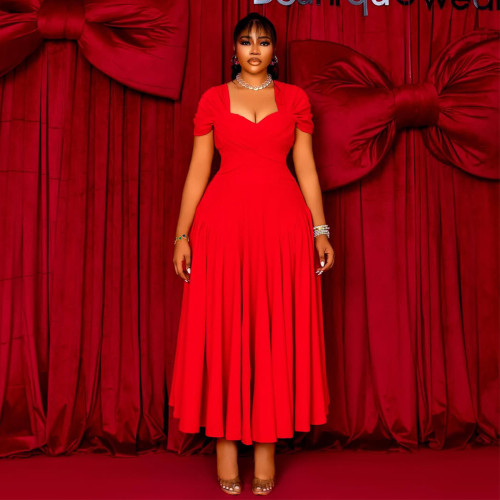 Large size long strapless collar waist cinching dress