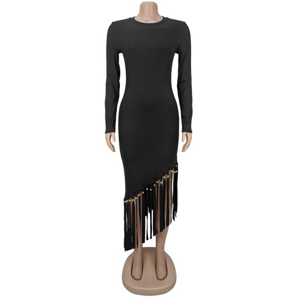 Solid color round neck fringed hem dress