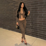Leopard print cardigan long sleeved base shirt+long pants set