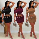 Cockpit button slanted shoulder top and short skirt two-piece set