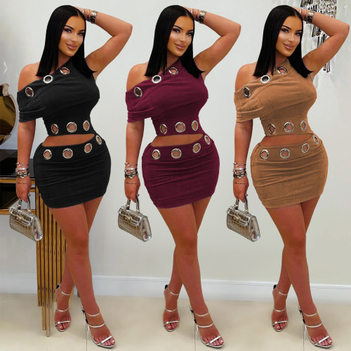 Cockpit button slanted shoulder top and short skirt two-piece set