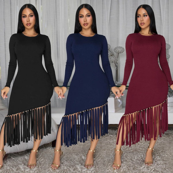 Solid color round neck fringed hem dress
