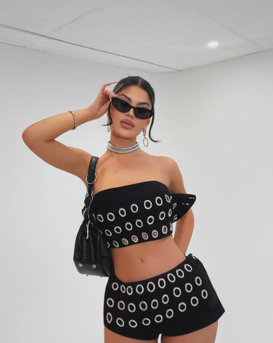 Cockpit hollowed out one line strapless top and shorts two-piece set