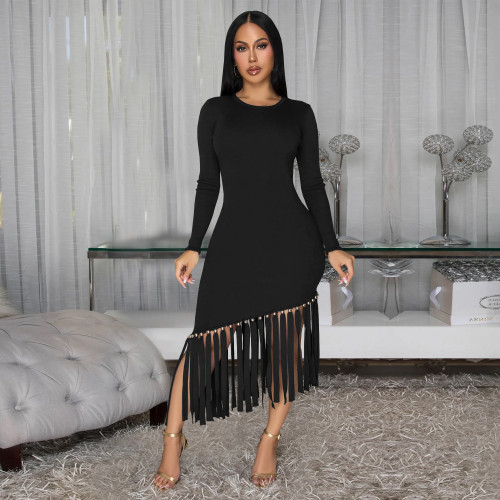 Solid color round neck fringed hem dress