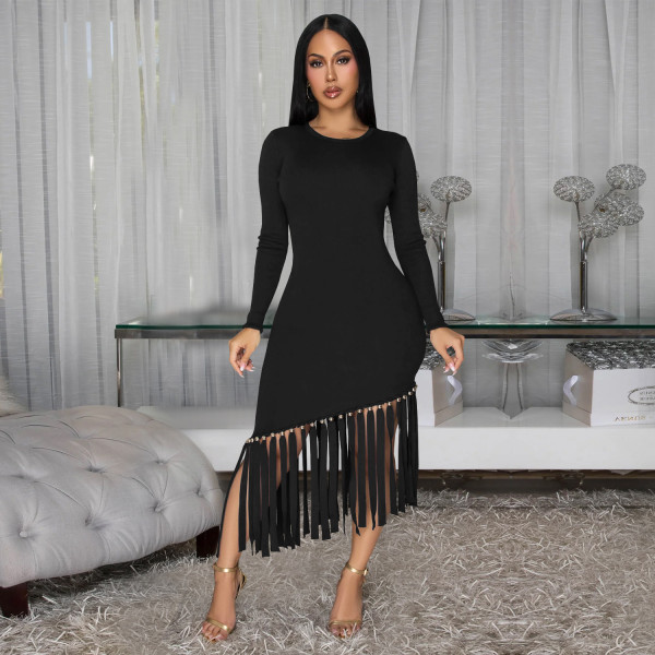 Solid color round neck fringed hem dress
