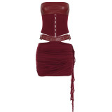 Leather waist strap strapless top with hollowed out hip hugging skirt set