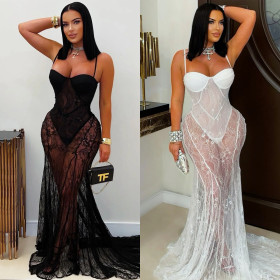 Strap lace see through dress dress