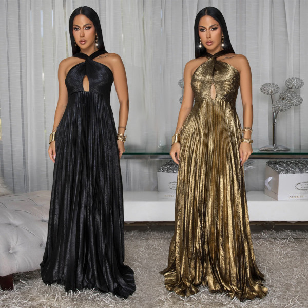 Long Puff Sleeve Gold Foil Solid Color Dress