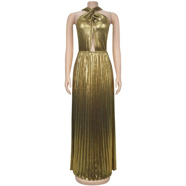 Long Puff Sleeve Gold Foil Solid Color Dress