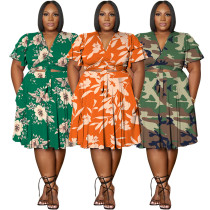 Lotus leaf sleeve lace up short skirt pocket V-neck plus size skirt set Lotus leaf sleeve lace up short skirt pocket V-neck plus size skirt set