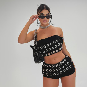 Cockpit hollowed out one line strapless top and shorts two-piece set
