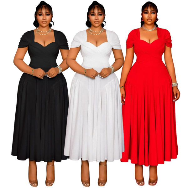 Large size long strapless collar waist cinching dress