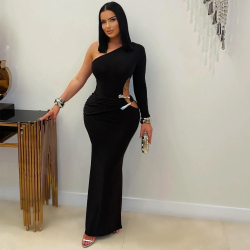 Slanted shoulder single sleeve slim fit solid color dress