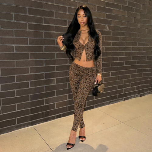Leopard print cardigan long sleeved base shirt+long pants set