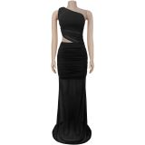 Slanted Shoulder Perspective Mesh backless Dress