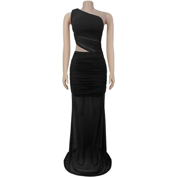 Slanted Shoulder Perspective Mesh backless Dress