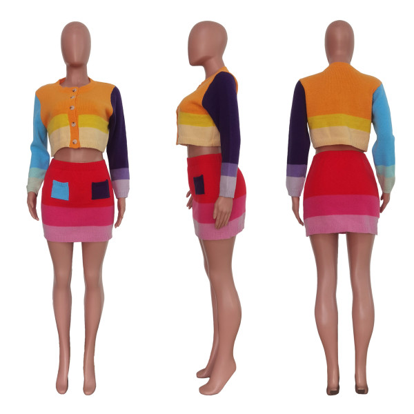 Handmade knitted contrasting short skirt set