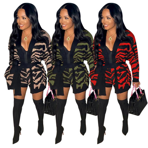 Handmade knitted leopard print sweater jacket+shorts set